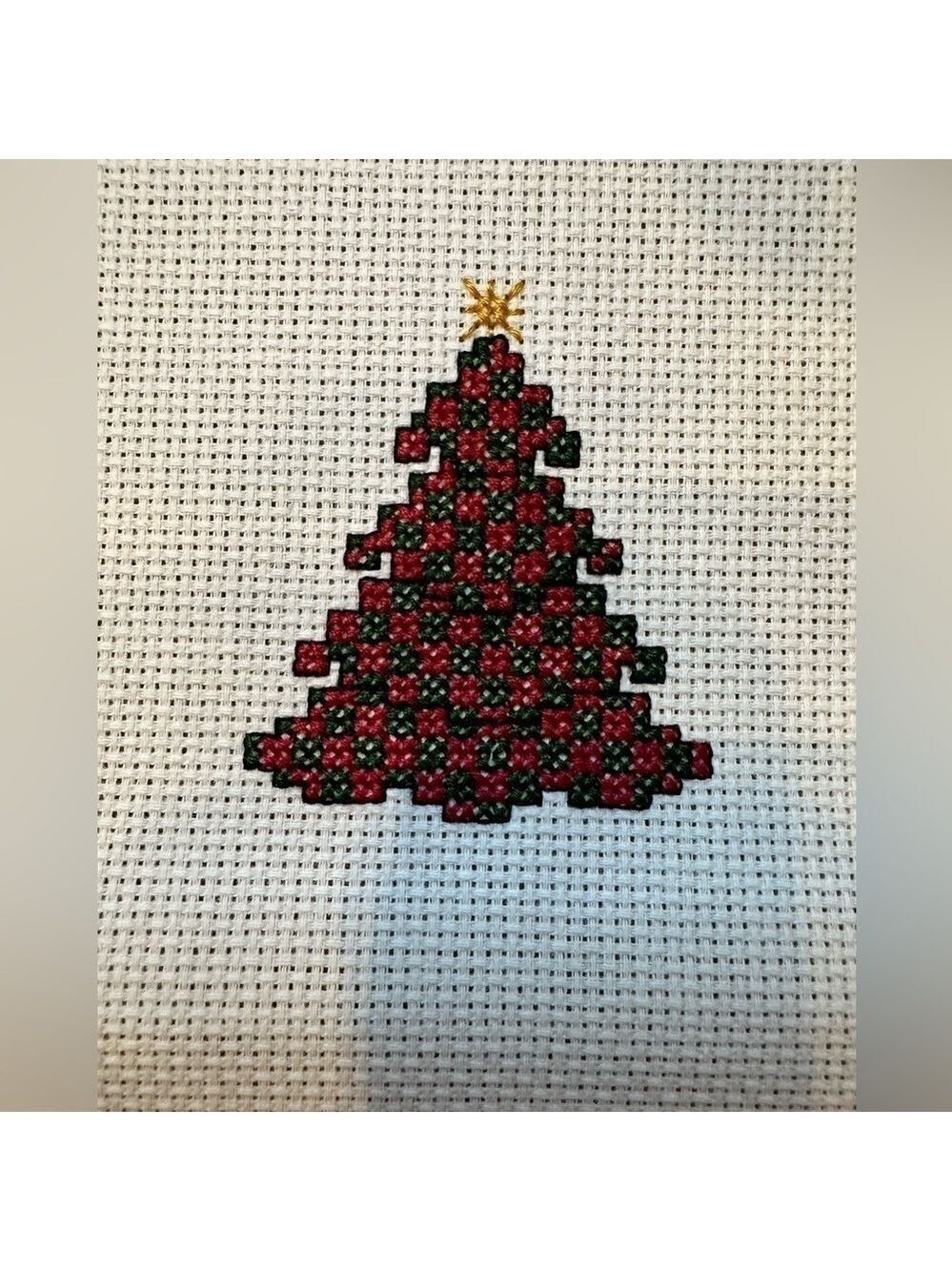 Christmas Tree Counted Cross Stitch, Hand Completed needlework on Aida cloth